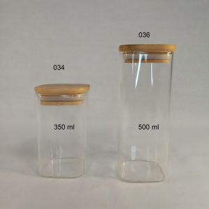 BOCAL VERRE CARRE 350ml couvercle bois 60*100mm 160p/ctn 1- P26 1.24*